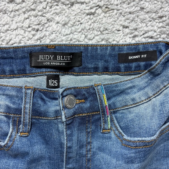 Judy Blue Jeans Womens 25 Skinny Dark Distressed High Rise Embroidered Casual - Picture 2 of 5